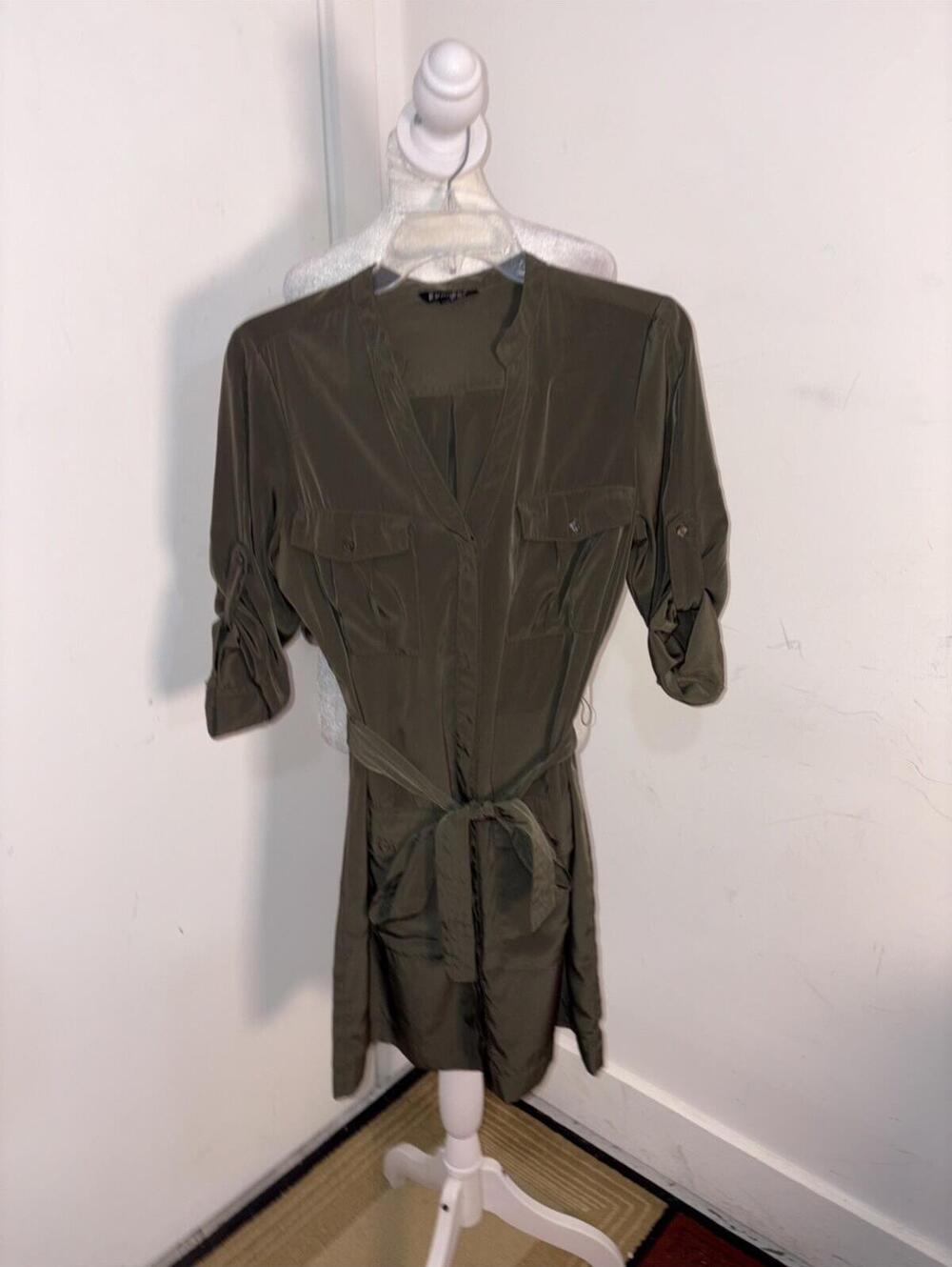 Express Olive Green Button-Up Dress with Beltโ Sz Small Pockets